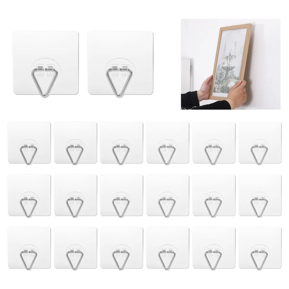 Twenty transparent square adhesive hangers with metal hooks, 2.8 inches each