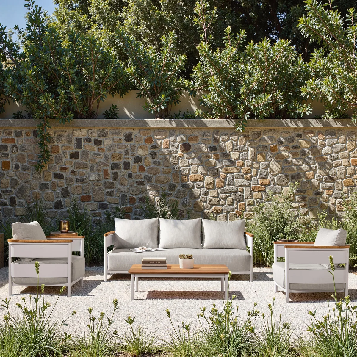 tuphen tuphen Rhodes 2pc Teak &amp; Aluminum Outdoor Sofa and Coffee Table Set Gray Chenille — product photo