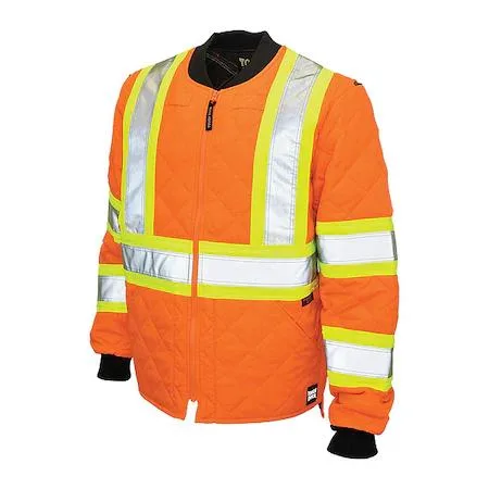 Fluorescent orange polyester hi-vis jacket XL rib-knit collar knit cuffs zipper front quilted liner drop back gussets inner patch
