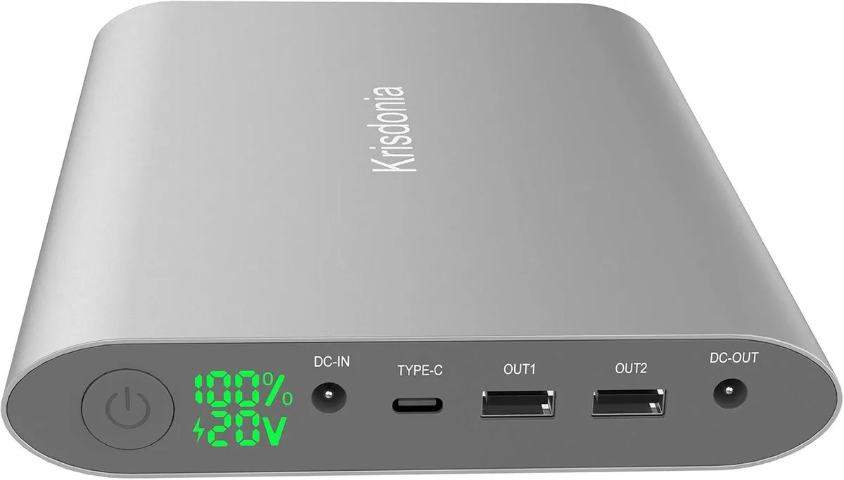 Rectangular black power bank with LED display and multiple ports, 19.5 x 15 x 2.8 cm, 1.2 kg