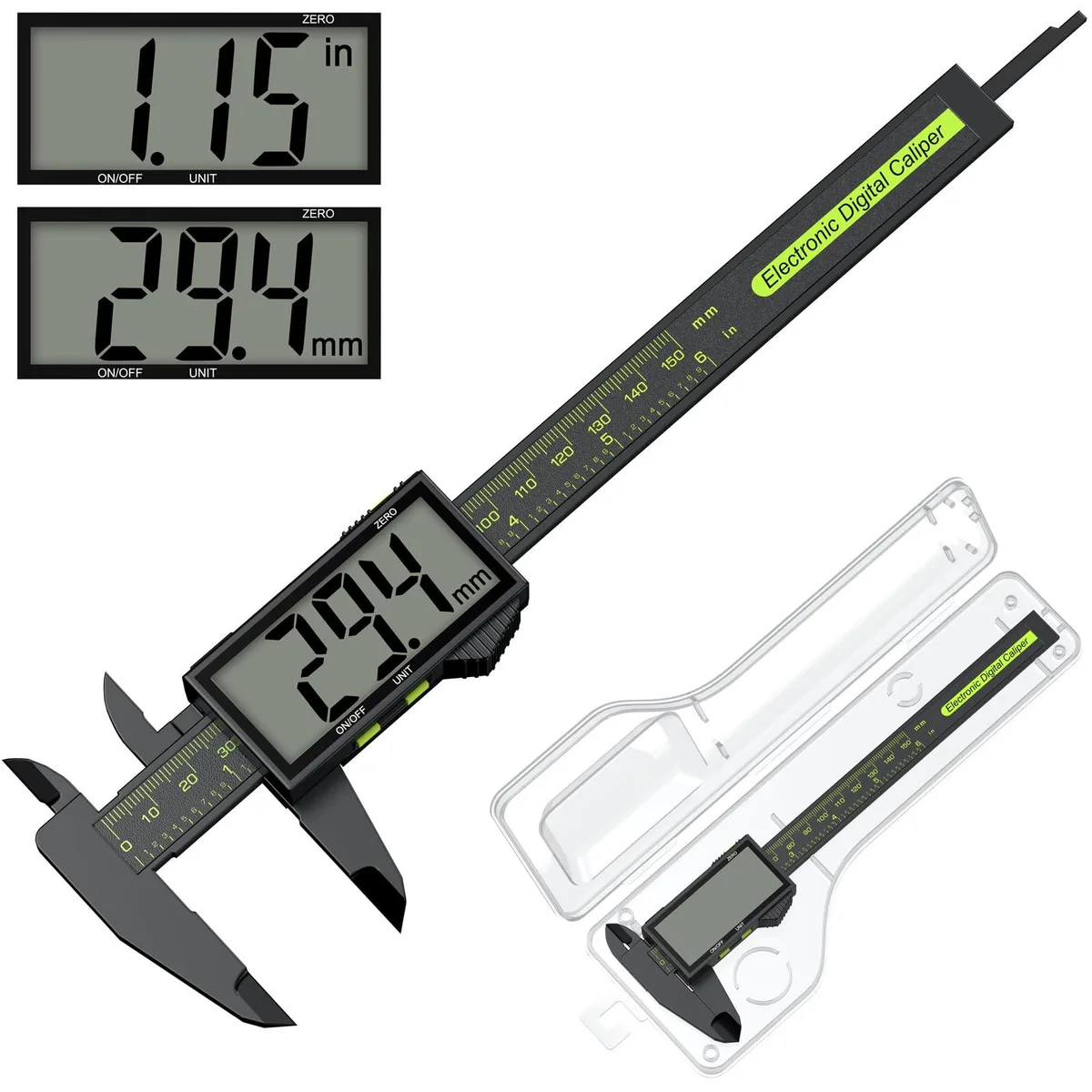 White plastic digital caliper with large LCD screen and 150mm range