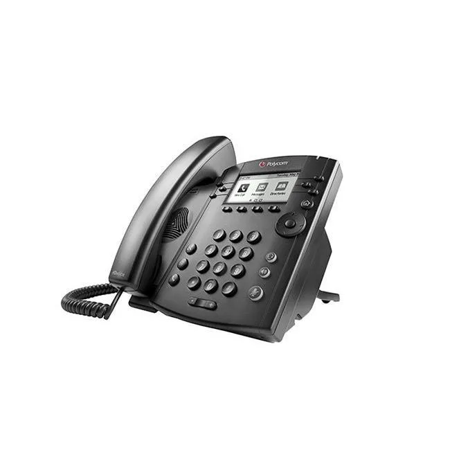 Dark grey desktop VoIP phone with backlit display and multiple line keys