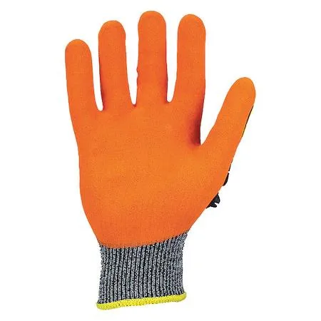Pair of orange HPPE knit gloves with full black nitrile double-dip coating, 10-1/4 inch length