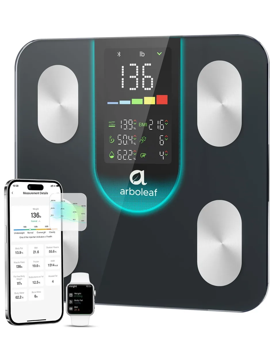 Black smart bathroom scale with large display, 1.52 kg