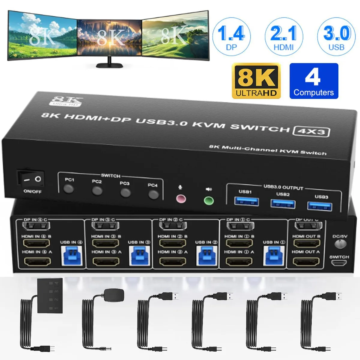 WRIARICH WRIARICH 403B KVM Switch 3 Monitors 4 Computers 8K@60Hz 4K@144Hz 2 HDMI + 1 DisplayPort USB 3.0 Audio — product photo