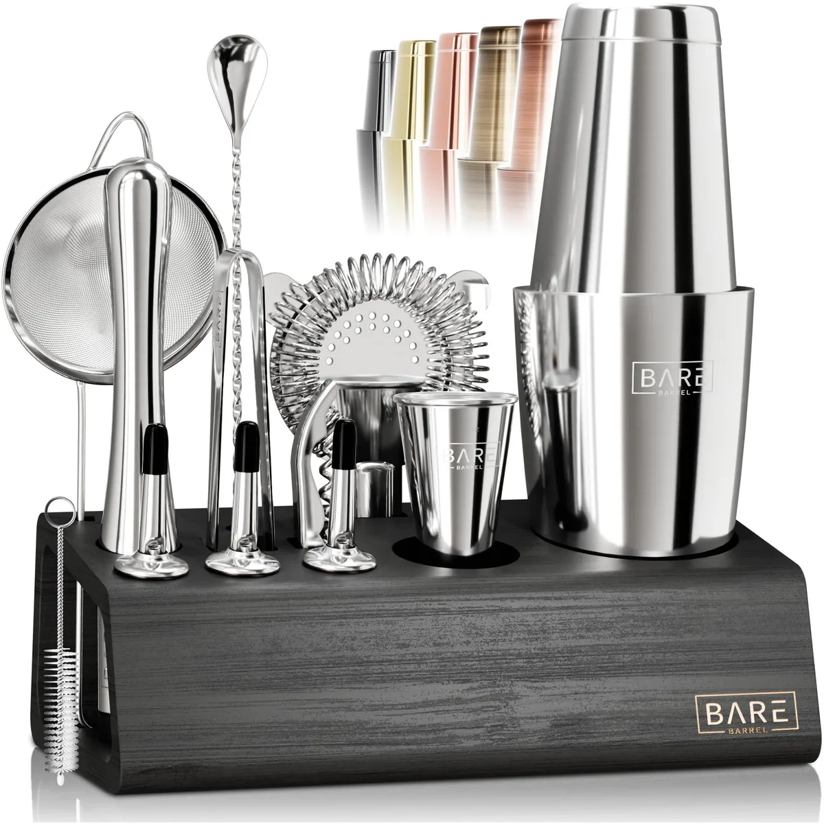 14-piece black stainless steel bar set with bamboo organiser and recipe cards