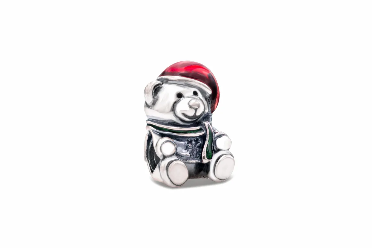 Sterling silver teddy bear charm with red enamel Santa hat and green enamel details