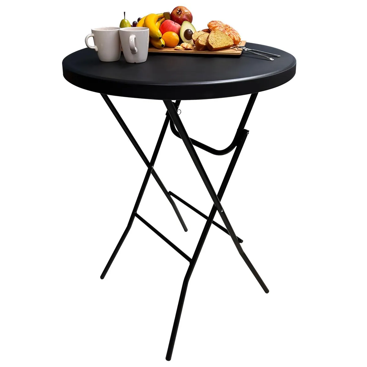 Black round folding cocktail table with metal legs and dark top, shown open at bar height
