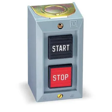 Gray plastic wall-mount control station with black and red push buttons, 30 mm size