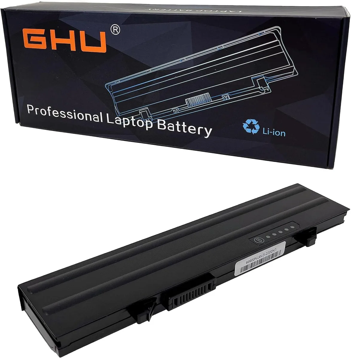 Rectangular black laptop battery with label showing 58Wh and compatible Dell models