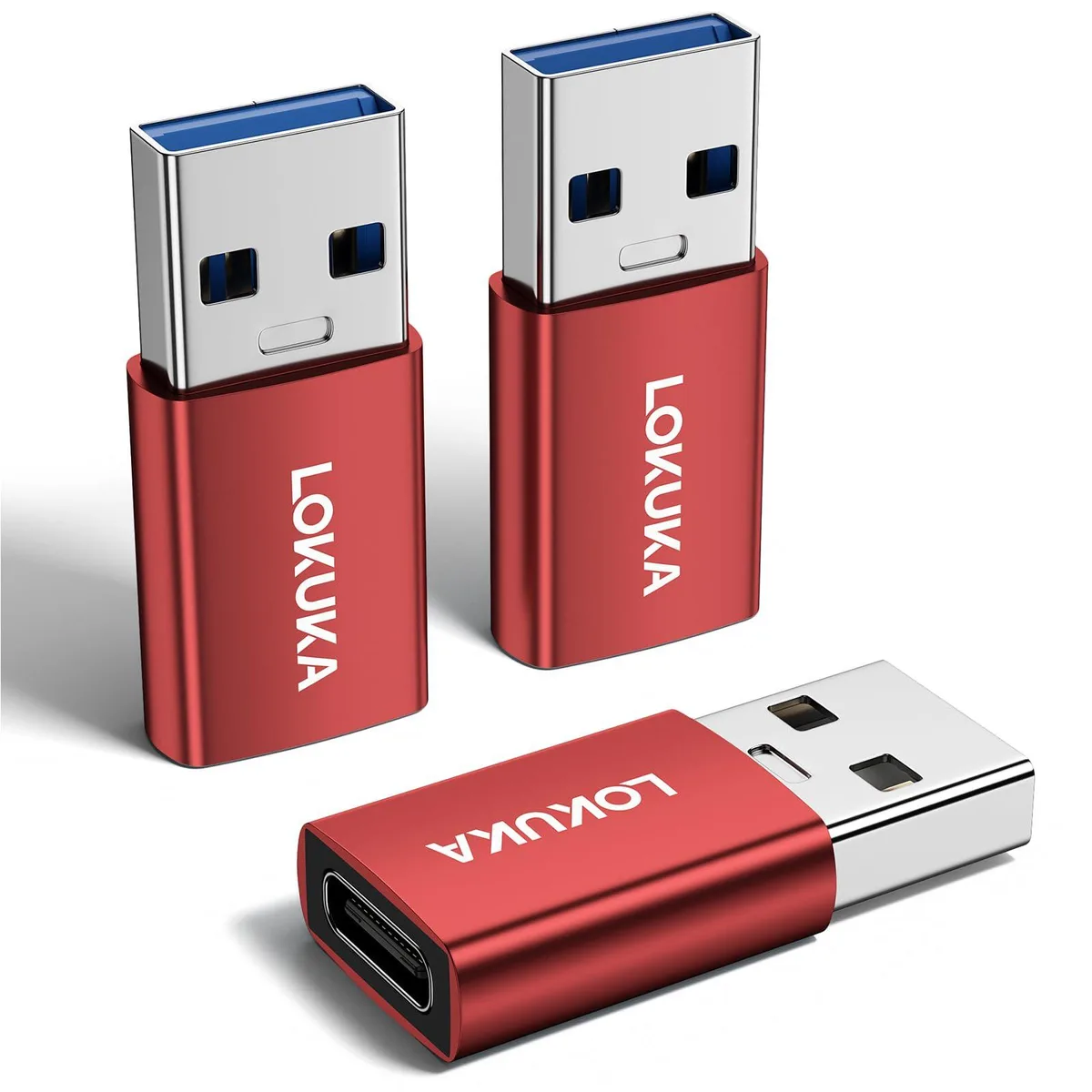 Three red USB-A male to USB-C female adapters, compact aluminum finish