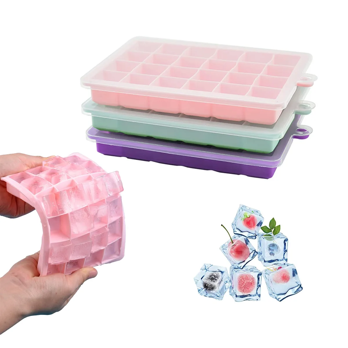 Three flexible silicone ice cube trays with lids in pink, light blue and purple, each forming twenty-four cubes