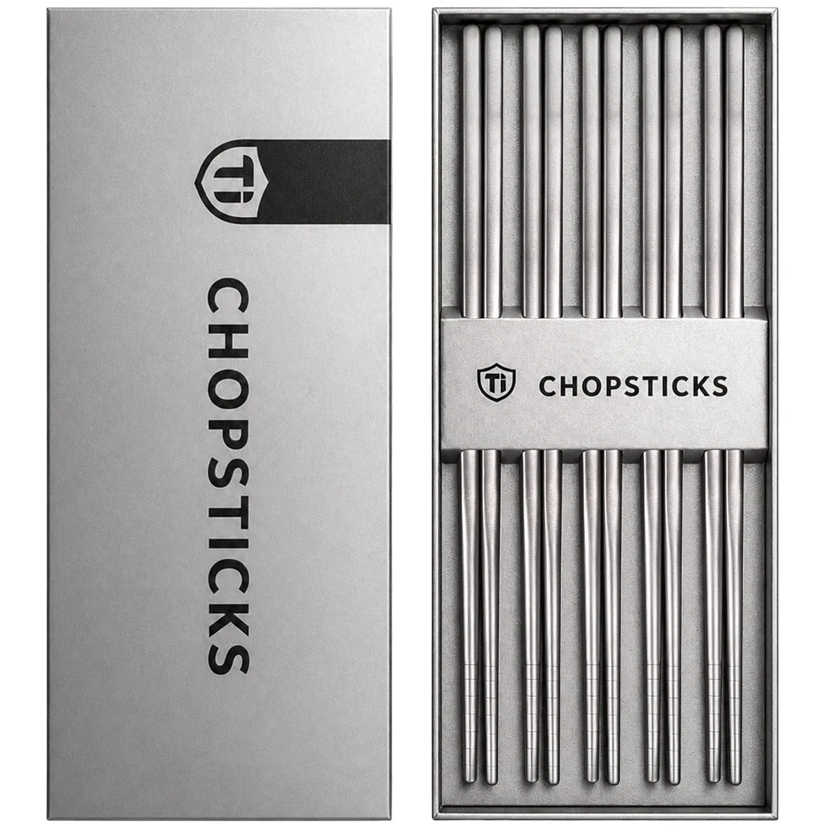 Five pairs of black titanium chopsticks in a gift box