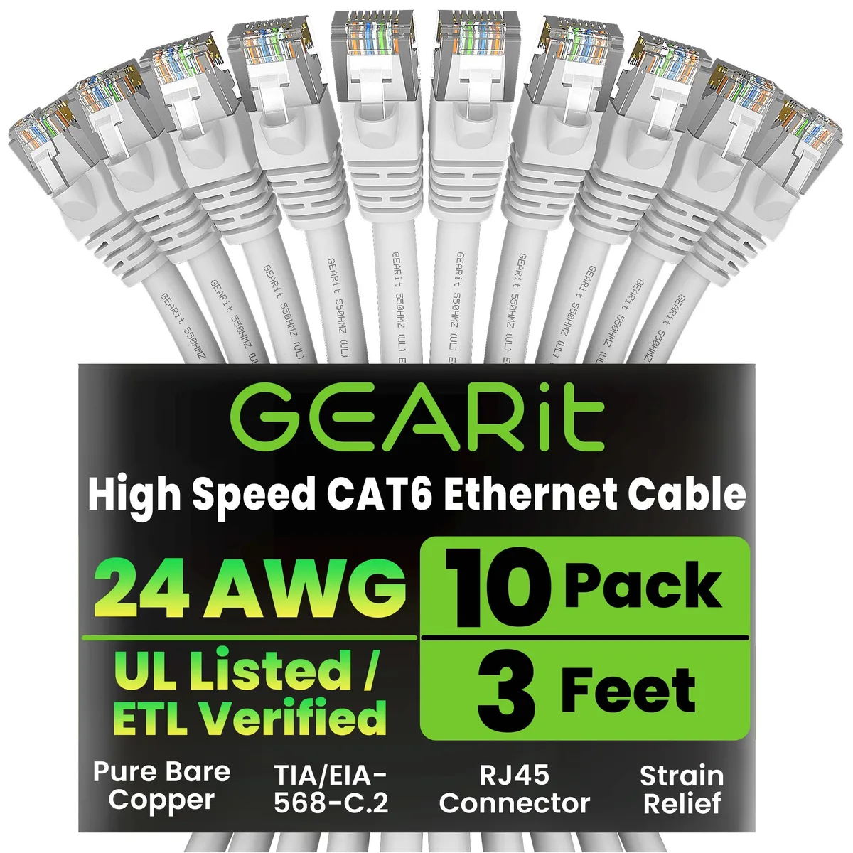 Ten white Cat6 patch cables three feet long with snagless RJ45 connectors