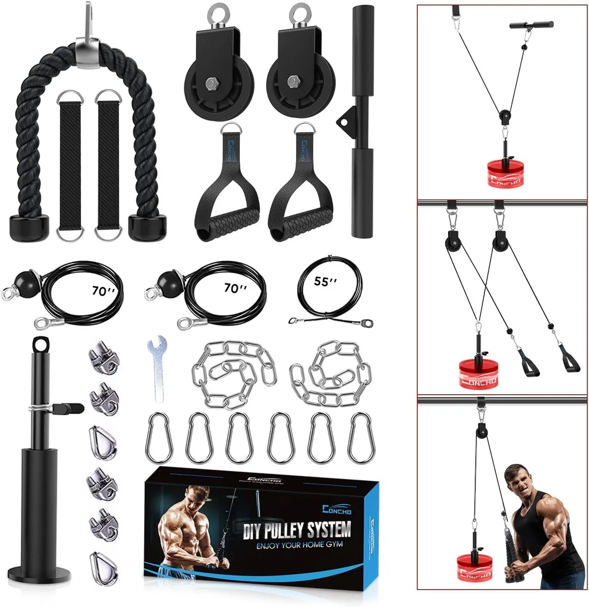 Black cable pulley system with dual wheels, three detachable handles and adjustable cables with extension chains