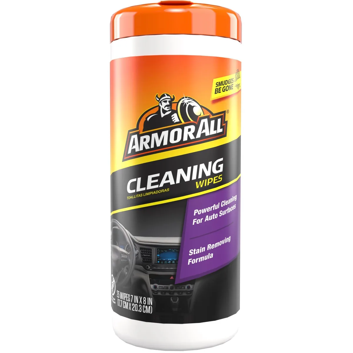 Cylindrical white canister labelled Armor All 10863 containing 25 interior cleaning wipes