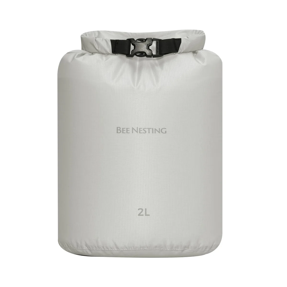 Small gray nylon dry bag, oval base, translucent fabric, roll-top closure, Hypalon hang loop, 2L capacity