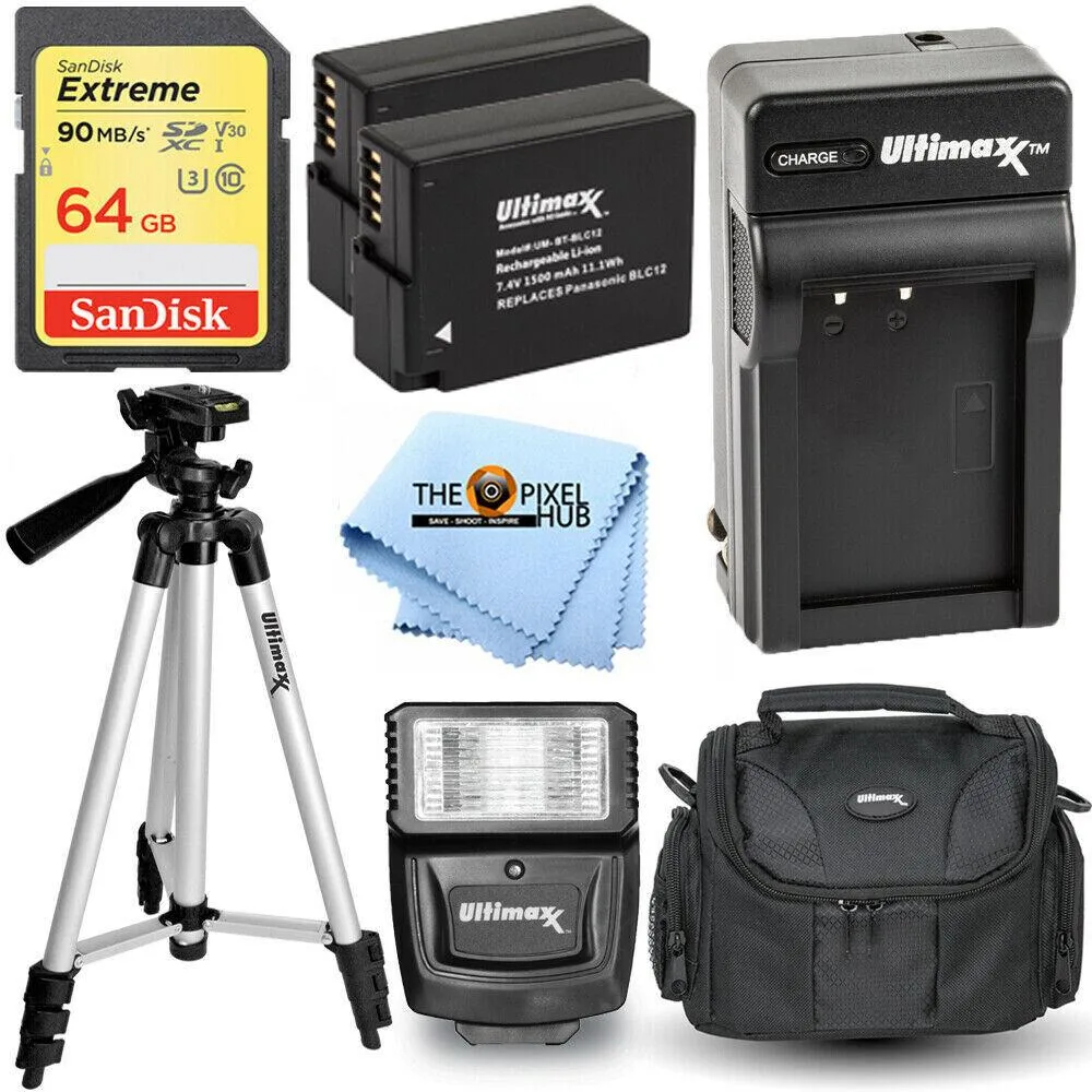 Panasonic Panasonic DMW-BLC12 Battery Kit 1500mAh x2 64GB SD Card Charger Flash Bag Tripod Cloth — product photo