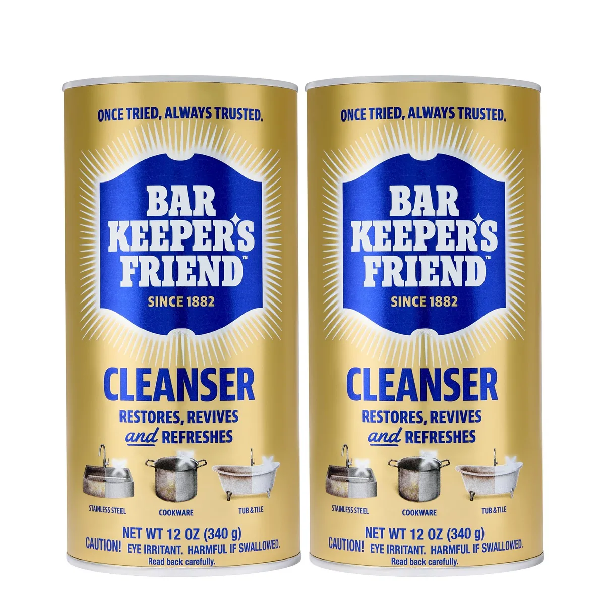 Two white 12 oz powder cleanser canisters side by side