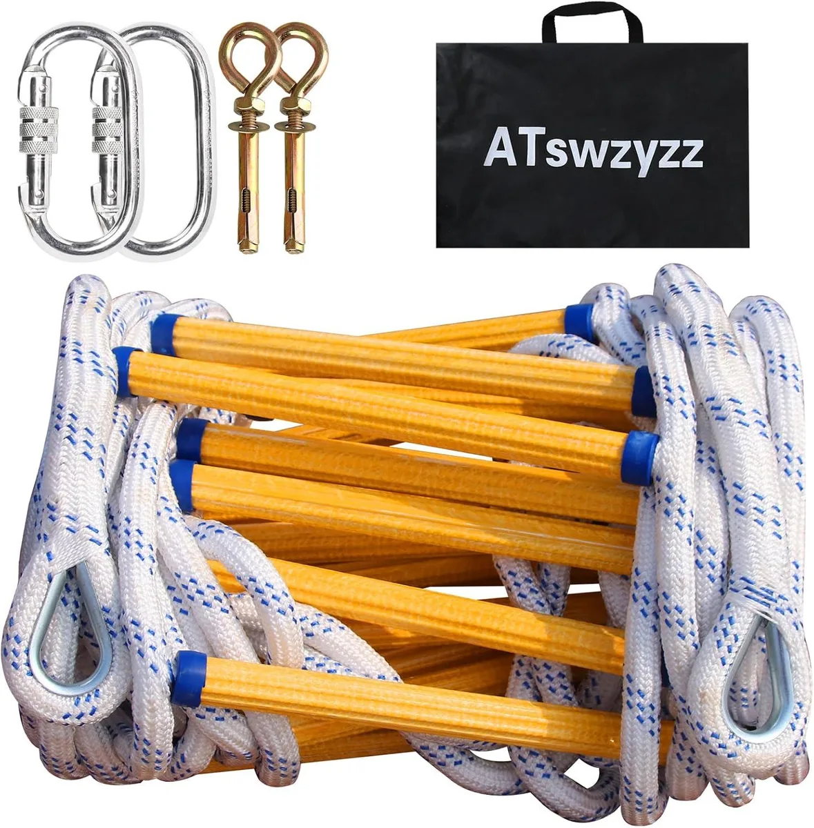 Orange polyester rope ladder with epoxy resin rungs and metal hooks, folded for storage