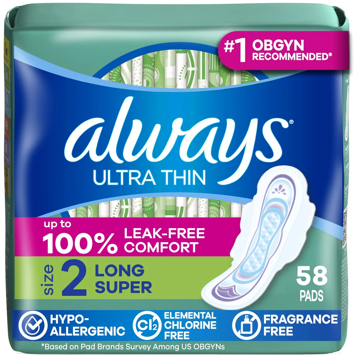 White rectangular box with blue and pink accents, 7.7 by 7.5 by 4.4 inches, 58 count label