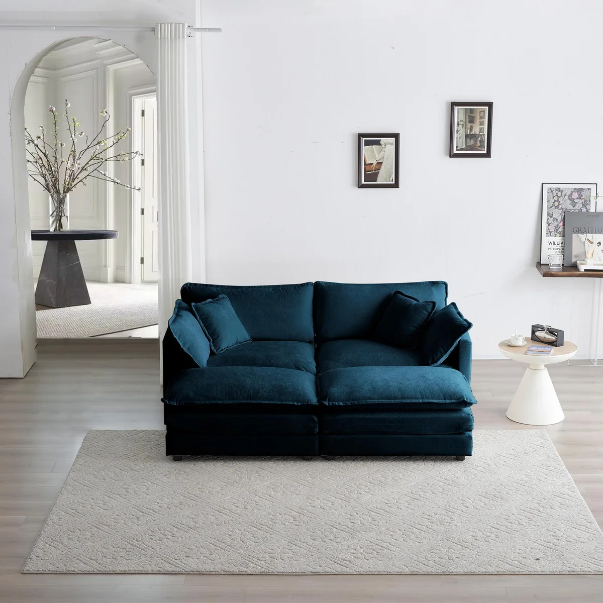 Blue chenille modular sectional with two-seater sofa and two matching ottomans