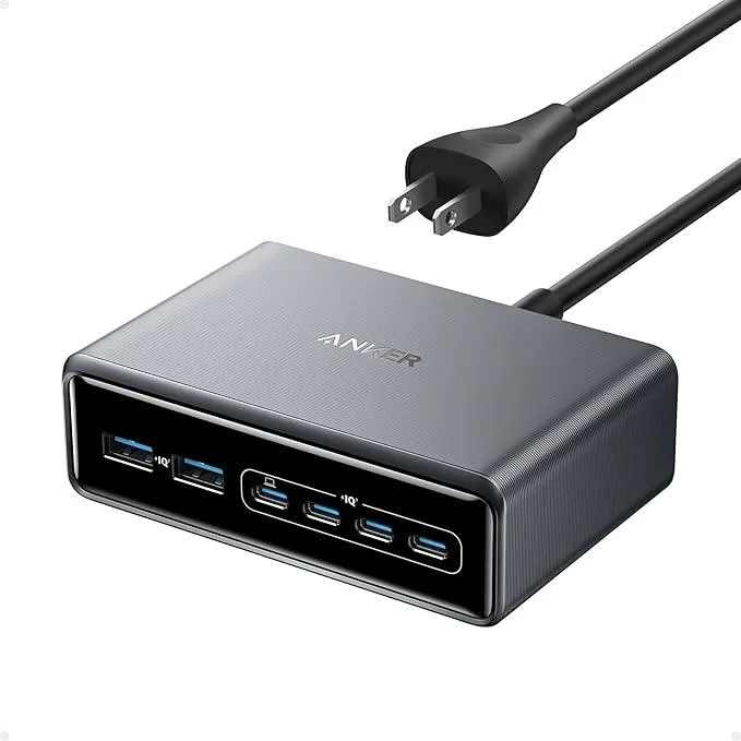 White rectangular desktop charger with six USB ports and detachable power cord
