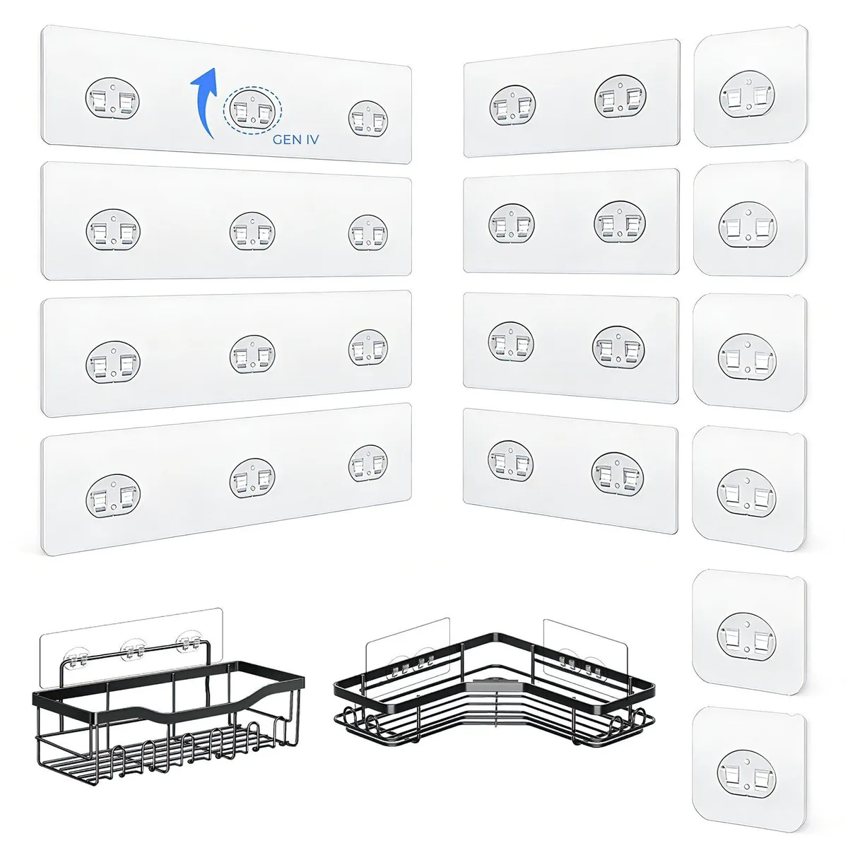 Fourteen clear adhesive hooks on transparent strips