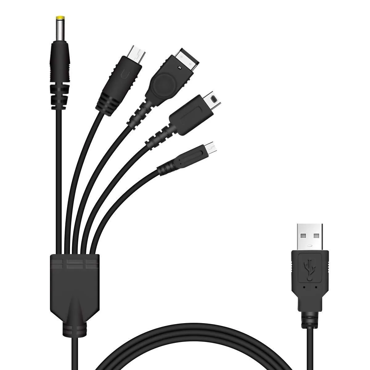 Black 48 in USB cable with four device connectors and one USB Type A plug