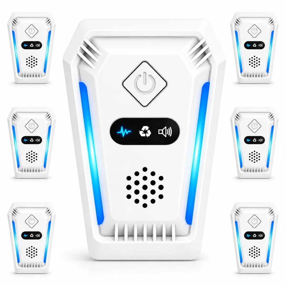 Six white rectangular plug-in pest repellers with mode indicator lights