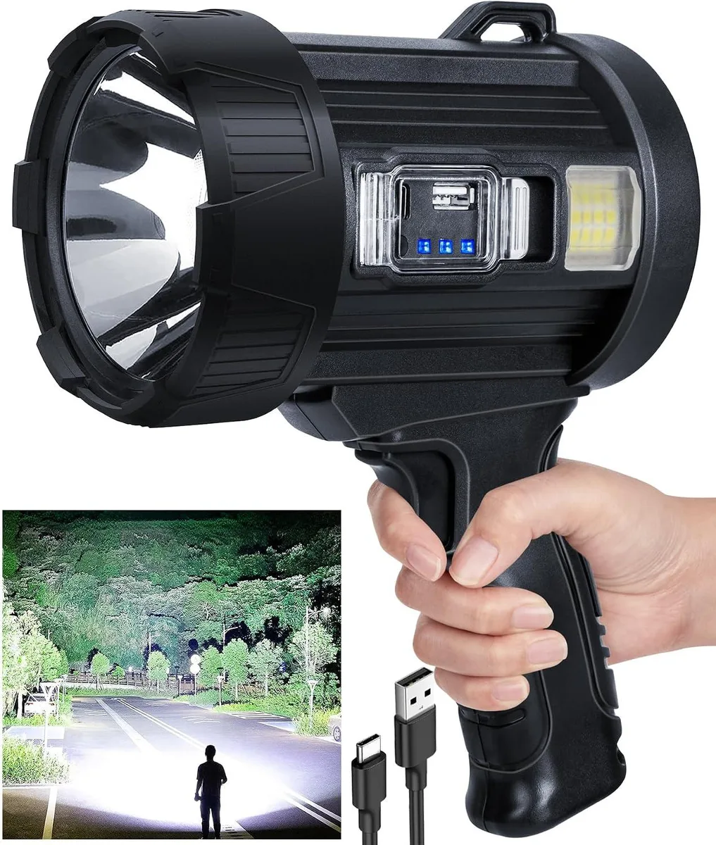 Large handheld spotlight with solar panel, black and yellow finish
