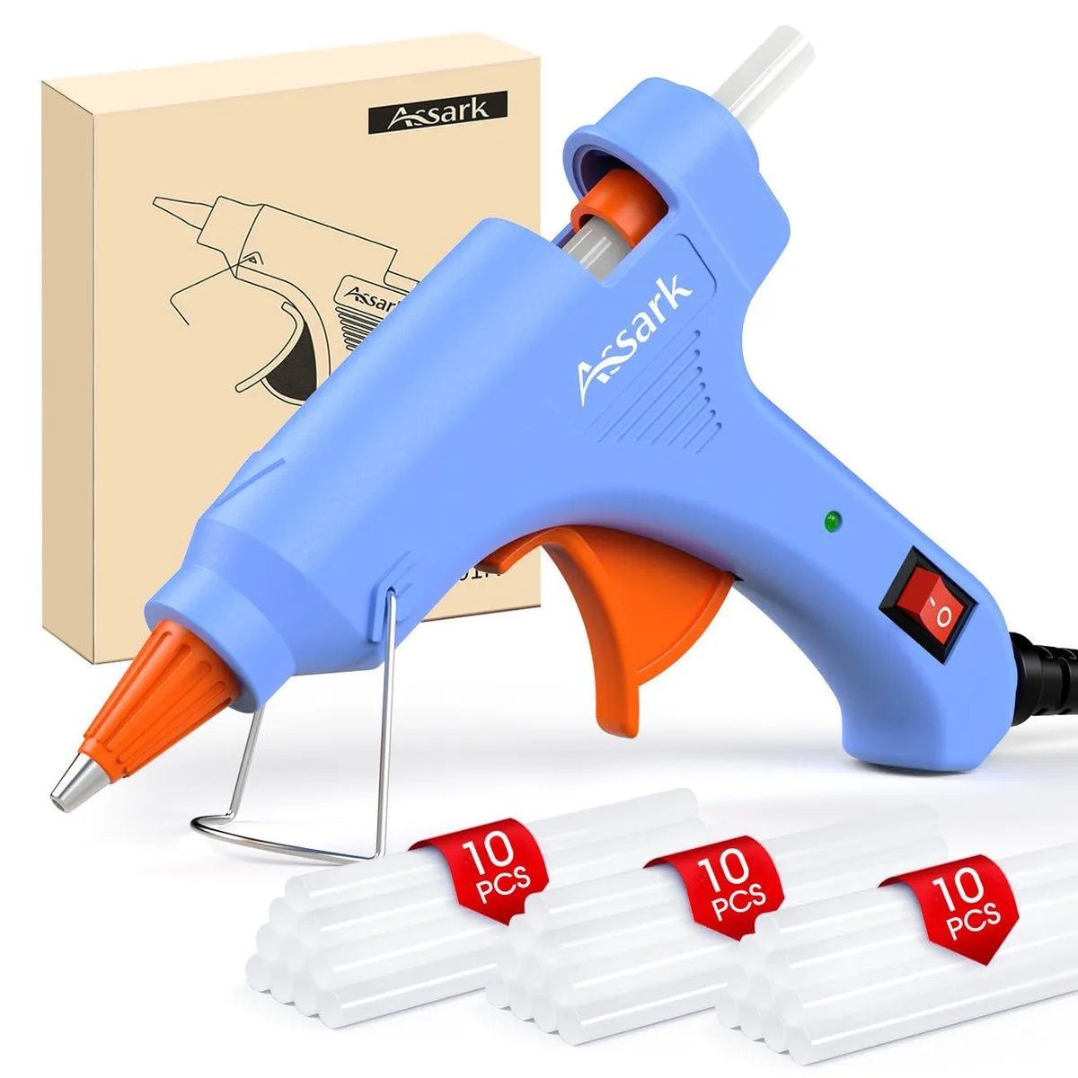 Blue mini hot glue gun with fold-up stand and 30 sticks