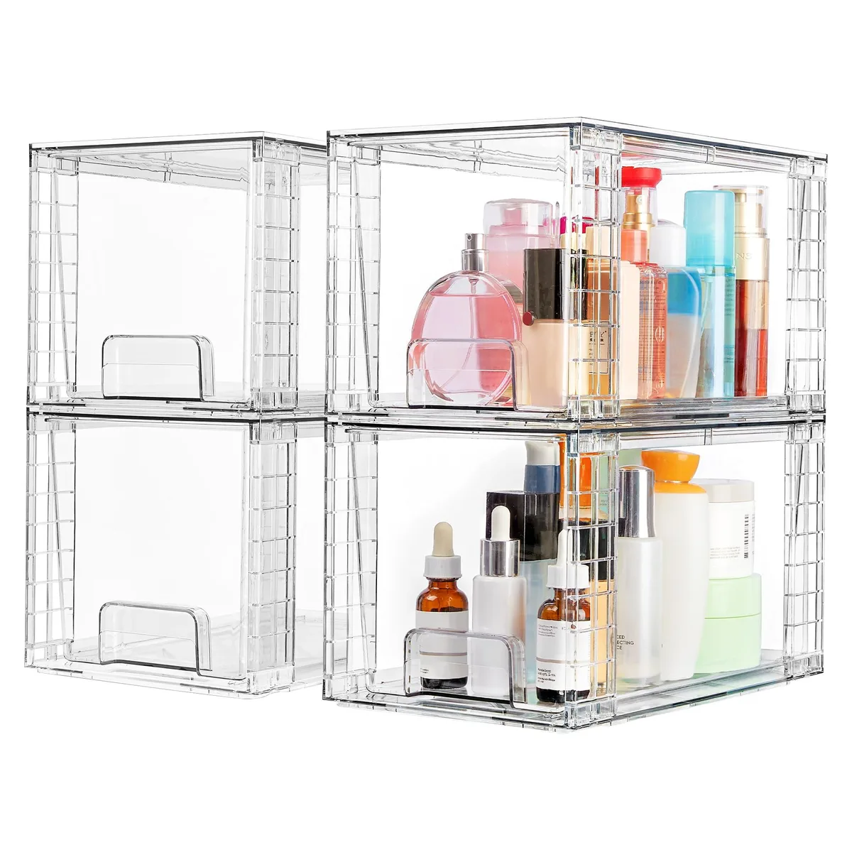 Four clear plastic stackable drawers with pull-out rails and built-in handles