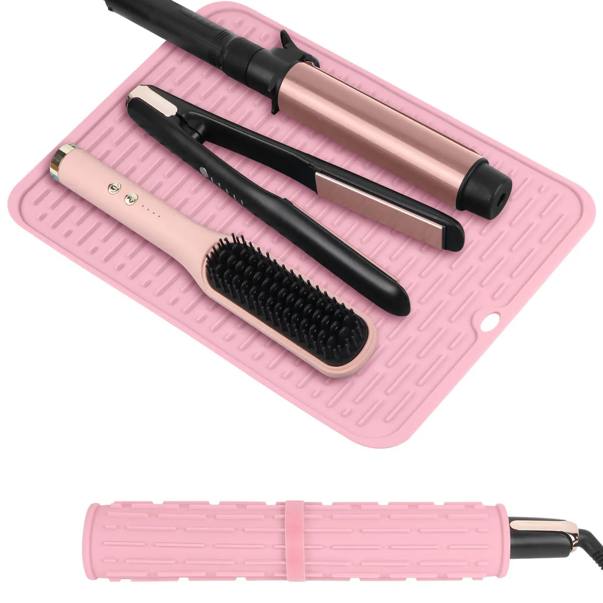Rectangular silicone mat, 14.2 by 11 inches, textured surface, rolled with velcro strap