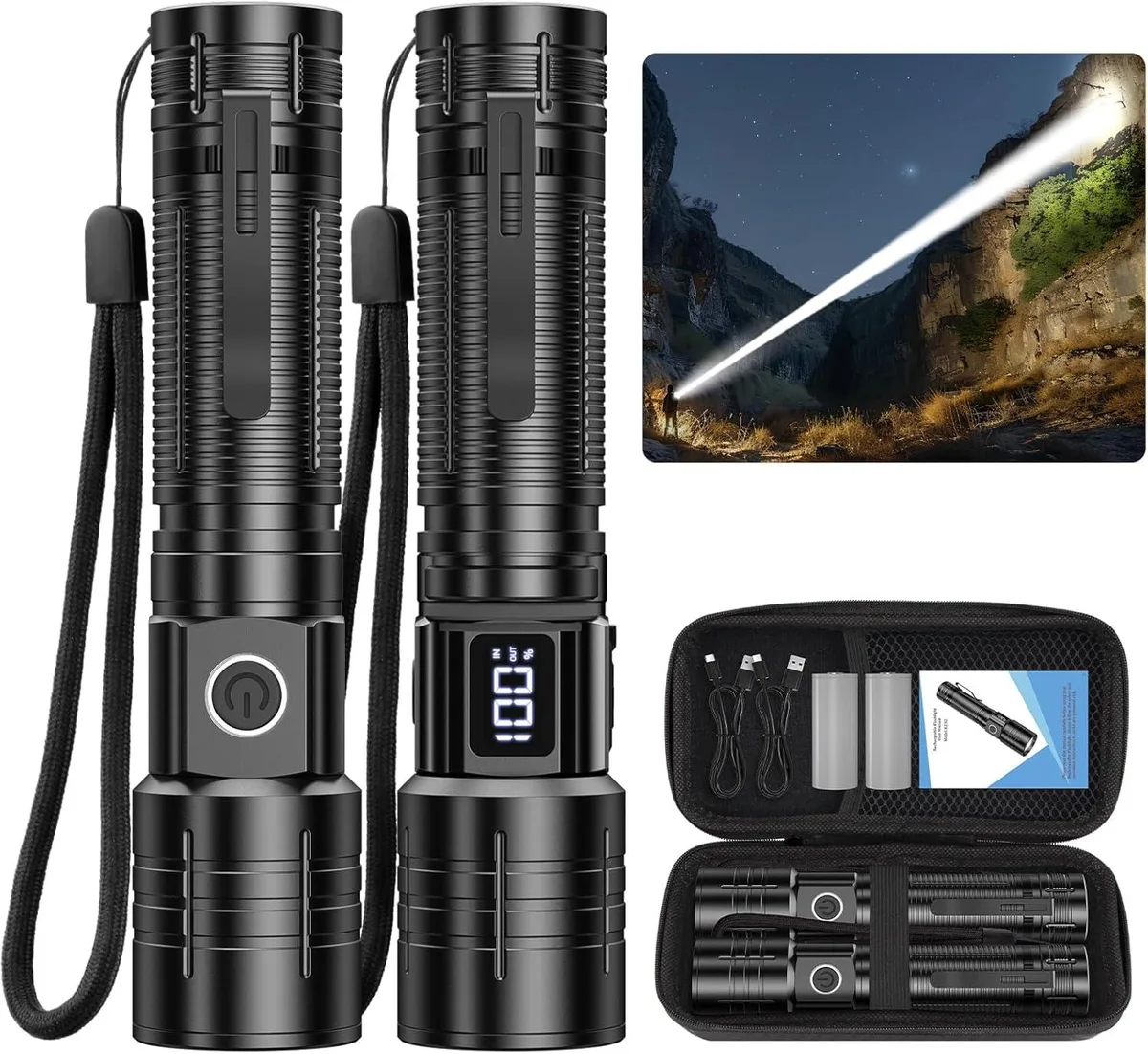 Compact black tactical flashlight with USB-C port and digital power display