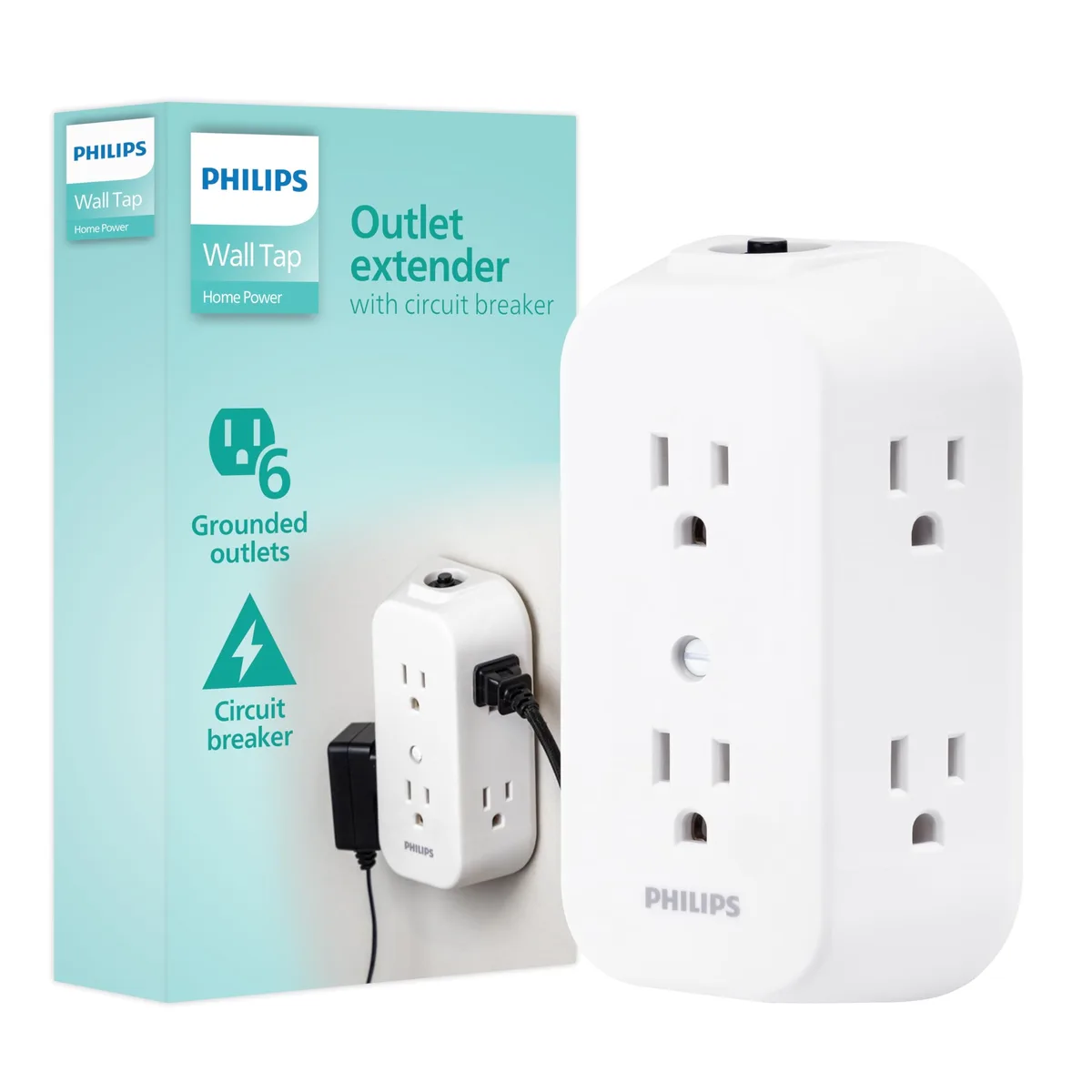 White six-outlet wall tap with side-access plugs and reset button
