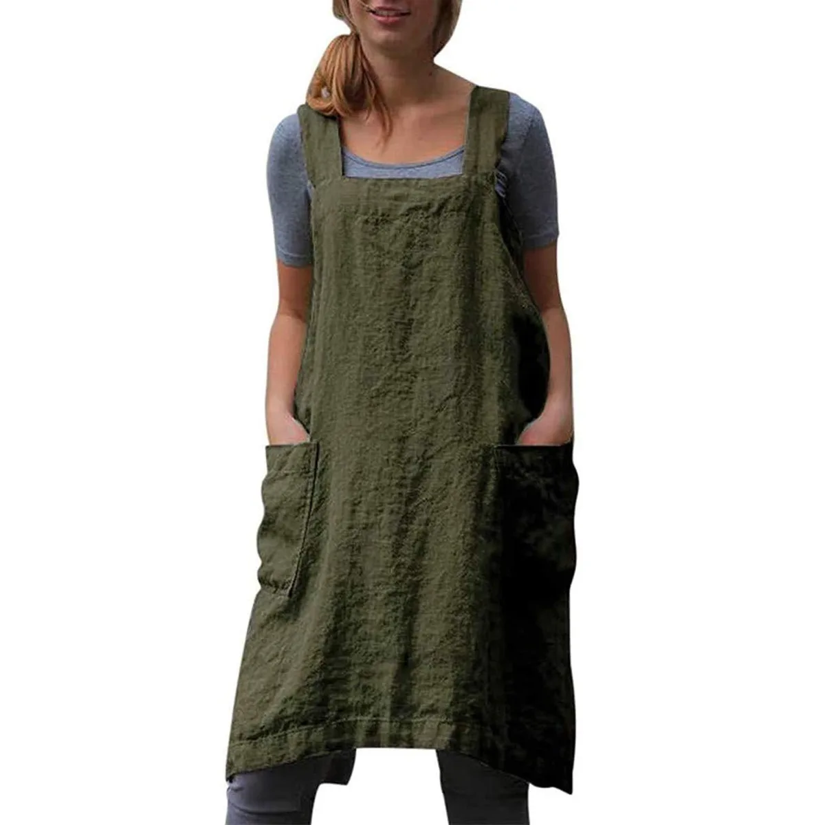 Green cotton-linen cross-back pinafore apron with side pockets, 3X-Large