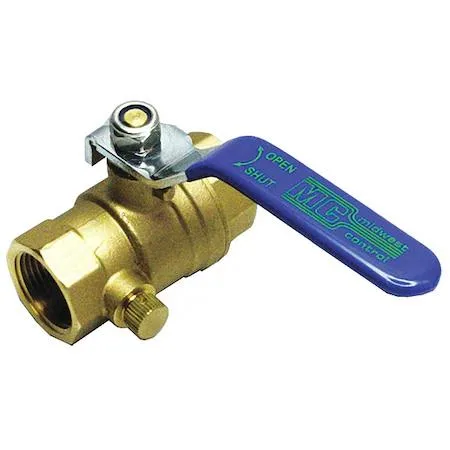 Brass inline ball valve with drain, lever handle, blue red white vinyl grip