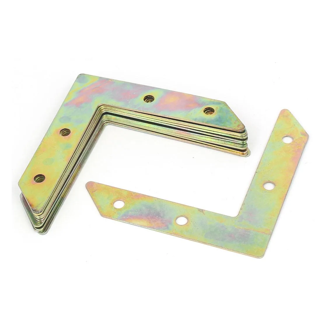 Ten bronze-tone L-shaped metal brackets, 77mm square, 0.5mm thick