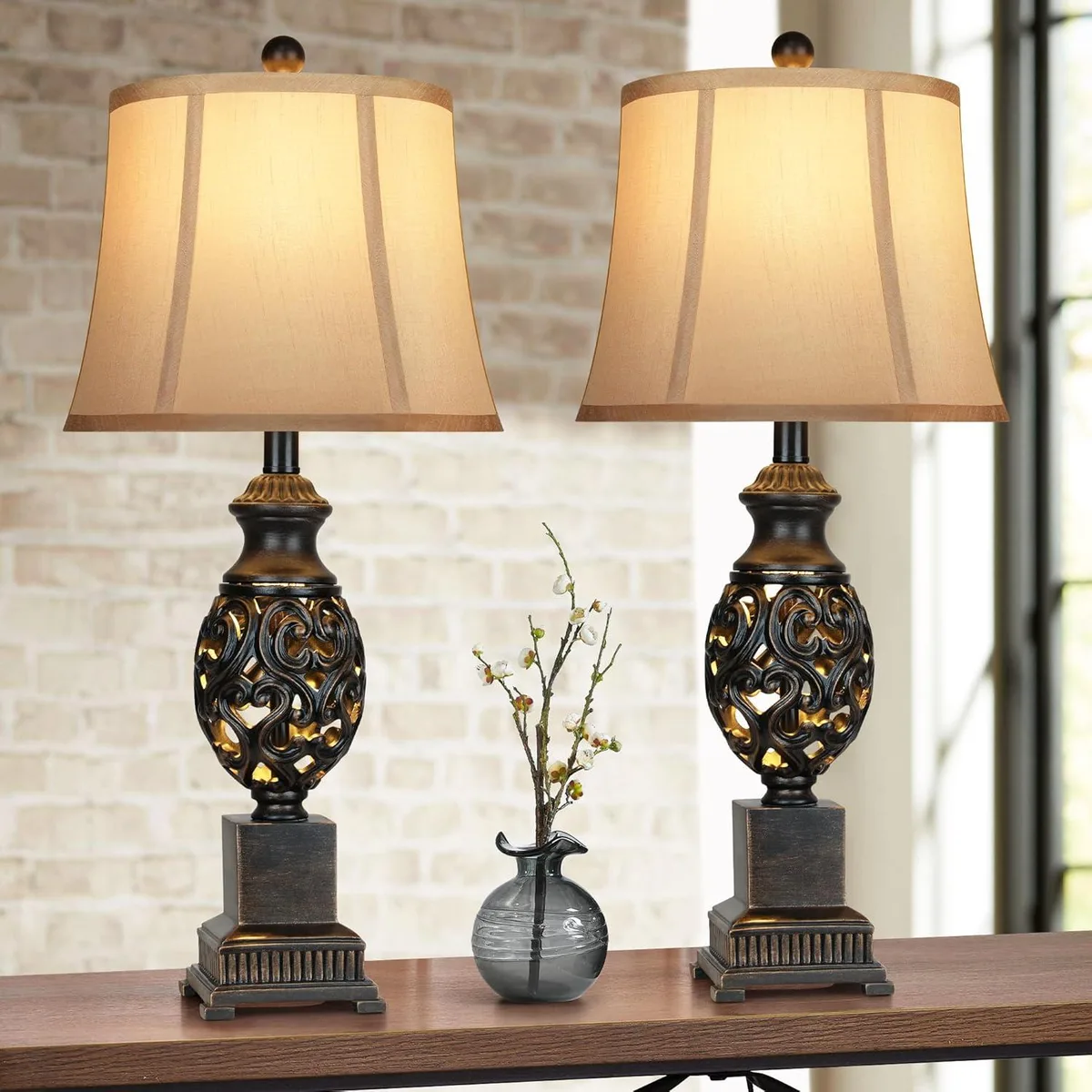 Pair of 28-inch rustic metal table lamps, white paint, bell linen shades