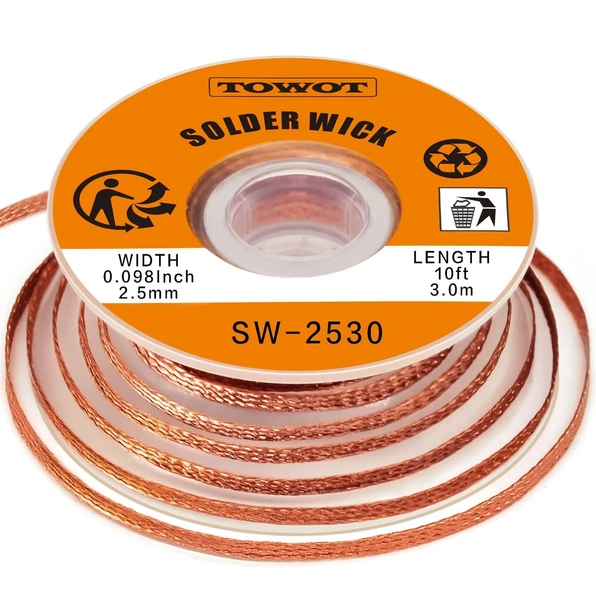Copper desoldering braid on spool, 10ft length, 0.1 inch width