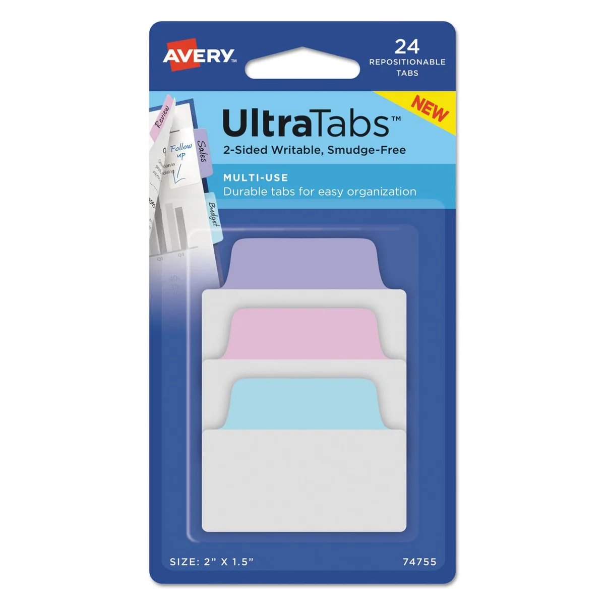 Avery Avery Ultra Tabs Repositionable Tabs 2 x 1.5 Neon Green Orange Pink 48/Pack 74756 — product photo