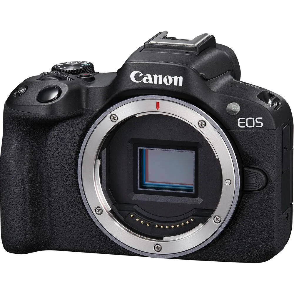 Black compact mirrorless camera body with vari-angle touchscreen and electronic viewfinder