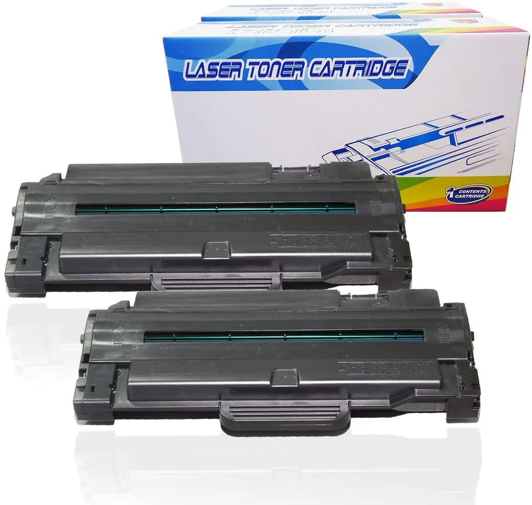 Two black rectangular toner cartridges in a clear sealed package