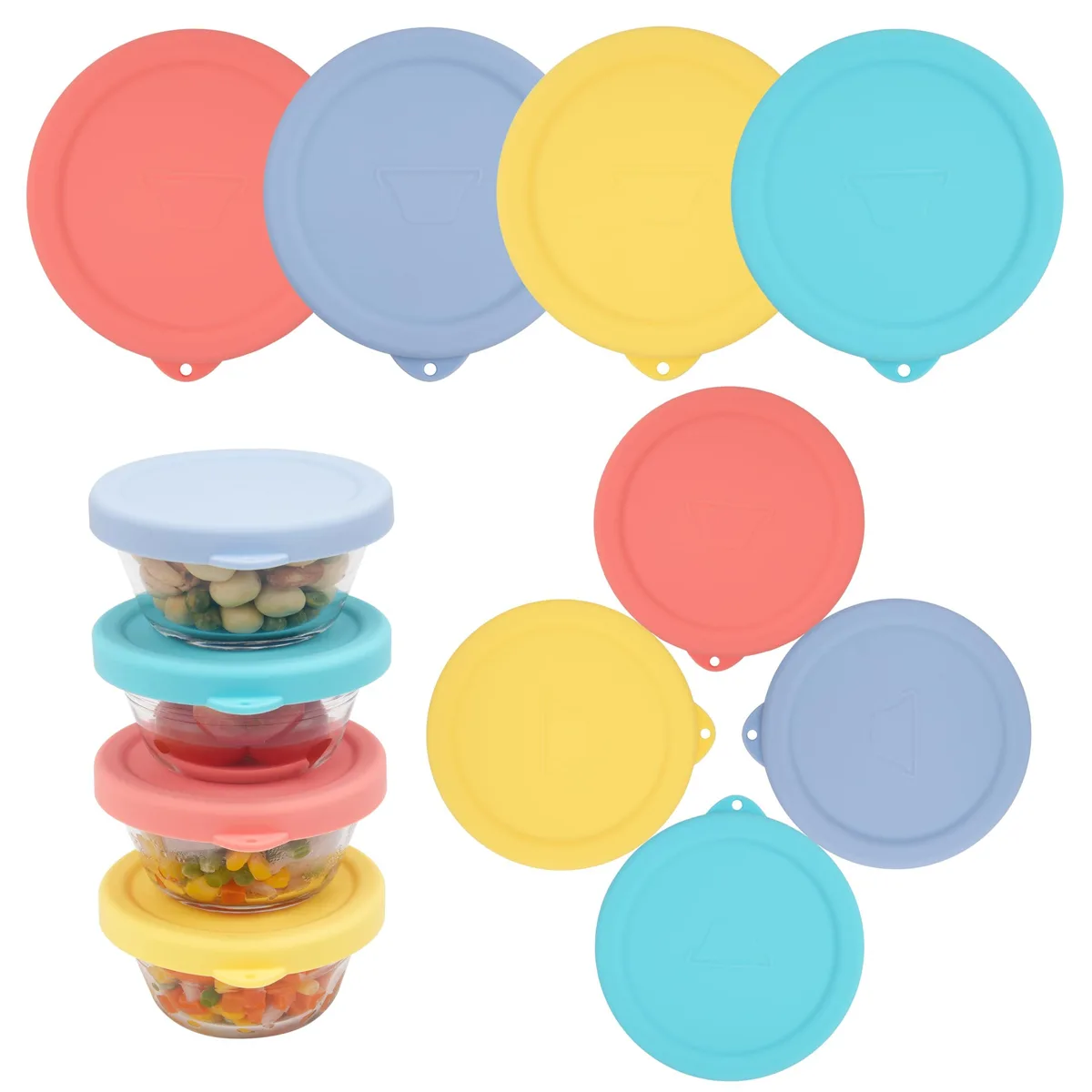 Eight square silicone lids in a stacked arrangement, smooth matte finish