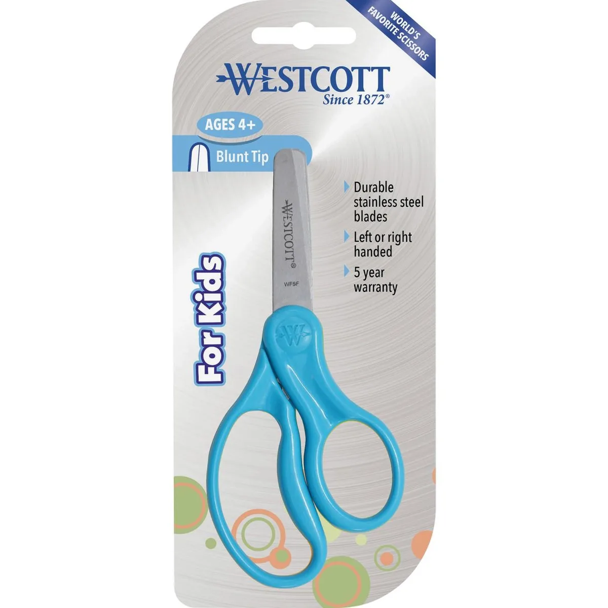 Thirty blunt-tip kids scissors in assorted colours, 5 inch stainless blades, plastic handles
