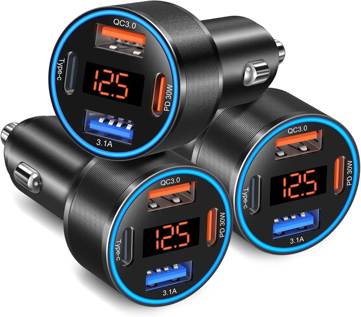 Leelbox Leelbox 3-Pack 4-Port 65W Car Charger Dual USB-A/C Voltmeter PD/QC 3.0 12-24V Black — product photo