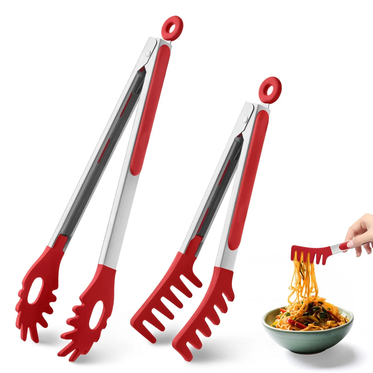 Two stainless steel pasta tongs with red silicone heads, 9 and 12 inches long