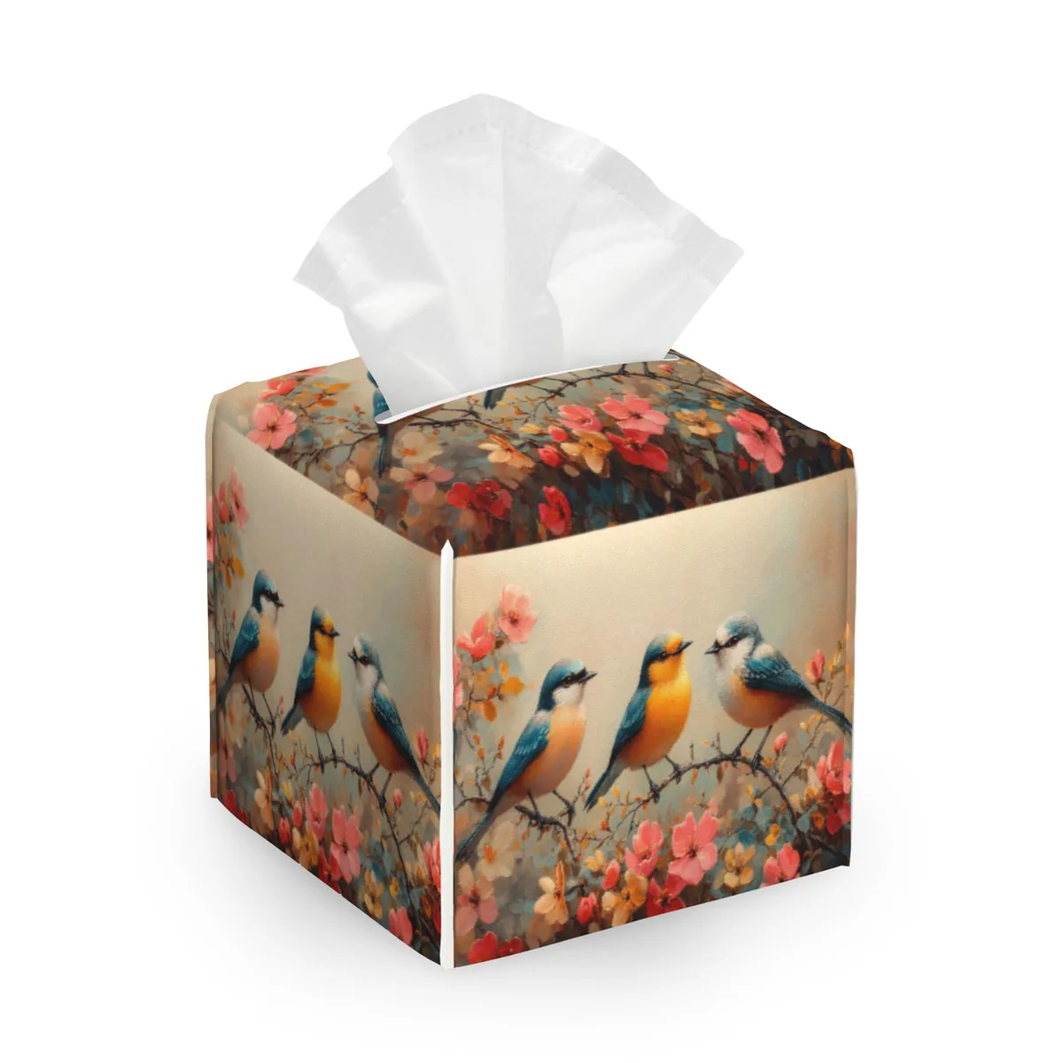 Square PU leather tissue box cover with floral bird pattern 5.2 inches