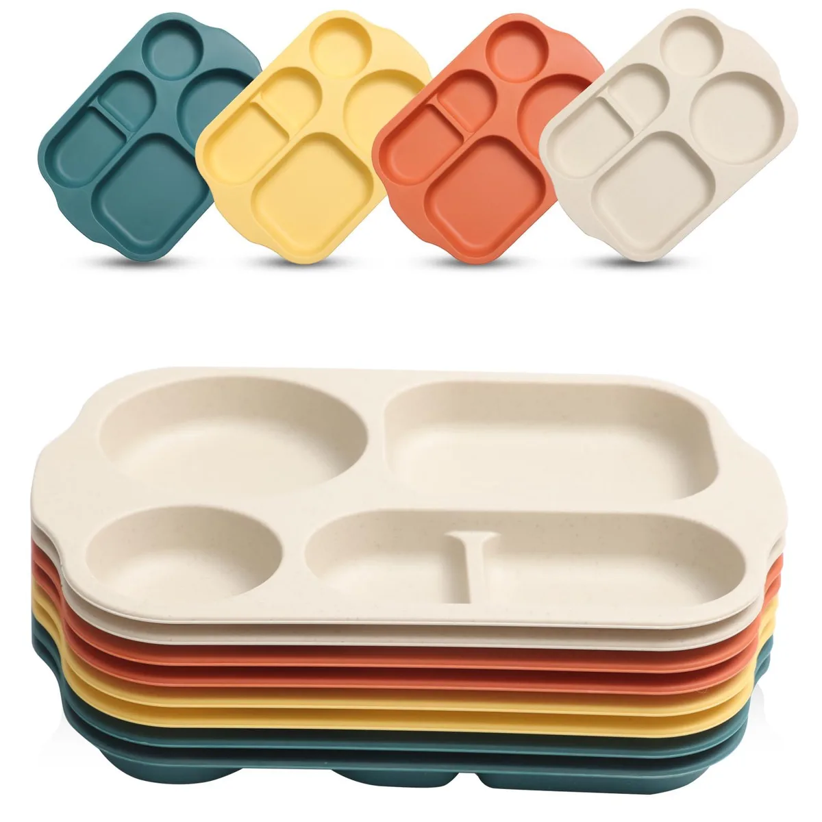 White rectangular divided plates with yellow orange beige blue rims